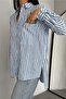 Women's Blue Folding Cufflinks, Slits, Single Pocket, Striped 75% Cotton 25% Linen Shirt - 4