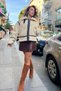 Women's Beige Furry Outside, Suede Inside, Pocket, Zipper Closure, Belt Detailed Biker Coat - 3