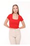 Women's Red Square Collar Ribbed Short Sleeve Crop T-shirt