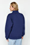 Navy Blue Thick Fleece Inside Embroidery and Button Detailed Stand Collar Oversize Knitted Sweatshirt TWOAW24SW00322 - 6