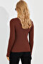 Women's Brown V-Neck Ribbed Knitwear Blouse SMT216 - 2