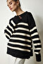 Woman's Black Bone Striped Oversize Knit Sweater YY00182 - 5