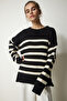 Woman's Black Bone Striped Oversize Knit Sweater YY00182 - 2
