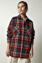 Women's Gray Red Patterned Oversize Cashmere Lumberjack Shirt TU00034 - 2