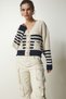 Women's Beige Navy Blue Striped Knit Cardigan MC00237 - 3