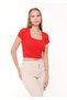 Women's Red Square Collar Ribbed Short Sleeve Crop T-shirt - 3
