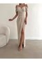 Imported Crepe Evening Dress with Shoulder Detail, Belt and Front Slit Detail (Color)