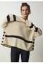 Black Stripe Detailed Oversize Fit Side Button Detailed Round Collar Long Sleeve Cream Sweater 24k1412