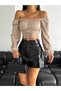 Women's Beige Balloon Sleeve Tie Corset Look Madonna Collar Diver Fabric Crop Blouse - 2
