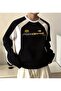 F422 Center Printed Line Detail Unisex Oversize Crew Neck Black Sweatshirt - 2