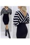 Women's Black-white Line Patterned Double Breasted Collar Midi Length Knitwear Graduation Wedding Wedding Dress - 7