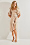 Women's Beige Square Collar Belted Dress 40991009 - 4