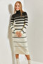Women's White Black Turtleneck Striped Long Knitwear Dress 20234202 - 6