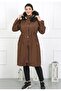 Women's Brown Long Bondite Fabric Curly Inside Large Size Coat