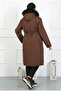 Women's Brown Long Bondite Fabric Curly Inside Large Size Coat - 3