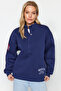 Navy Blue Thick Fleece Inside Embroidery and Button Detailed Stand Collar Oversize Knitted Sweatshirt TWOAW24SW00322