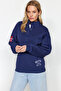 Navy Blue Thick Fleece Inside Embroidery and Button Detailed Stand Collar Oversize Knitted Sweatshirt TWOAW24SW00322 - 2