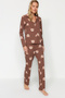 Brown 100% Cotton Teddy Bear Patterned Shirt-Pants Knitted Pajama Set Thmaw24Pt00002
