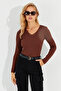 Women's Brown V-Neck Ribbed Knitwear Blouse SMT216 - 3