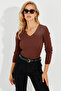 Women's Brown V-Neck Ribbed Knitwear Blouse SMT216 - 7