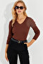 Women's Brown V-Neck Ribbed Knitwear Blouse SMT216 - 4