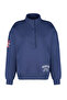 Navy Blue Thick Fleece Inside Embroidery and Button Detailed Stand Collar Oversize Knitted Sweatshirt TWOAW24SW00322 - 7