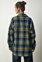 Women's Navy Blue Green Patterned Oversize Stamp Woodcutter Shirt TU00034 - 5