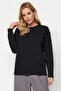 Siyah %100 Kalın Pamuklu Basic Bisiklet Yaka Oversize/Geniş Kalıp Örme T-Shirt TWOAW24TS00013 - 5