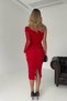 Lined Tulle Fabric Single Sleeve Detail Slim Fit Narrow Cut Midi Length Red Evening Dress 109 - 3