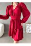 Red Sandy Fabric Layer Detailed V-Neck Long Sleeve Mini Dress 582661