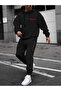 Black Paris Line Printed Hooded Sweatshirt and Sweatpants Tracksuit Set