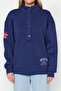 Navy Blue Thick Fleece Inside Embroidery and Button Detailed Stand Collar Oversize Knitted Sweatshirt TWOAW24SW00322 - 4