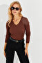 Women's Brown V-Neck Ribbed Knitwear Blouse SMT216 - 6
