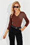 Women's Brown V-Neck Ribbed Knitwear Blouse SMT216 - 5