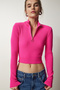 Women's Pink Zippered Corded Crop Knitwear Sweater PF00027 - 3