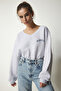 Women's Gray Melange V-Neck Oversize Crop Knitted Sweatshirt MC00239 - 3