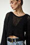 Woman's Black V-Neck Curved Crop Knit Sweater CI00094 - 4