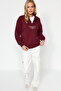 Bordo Kalın İçi Polarlı Fermuarlı Dik Yaka Oversize/Geniş Kalıp Örme Sweatshirt TWOAW24SW00127 - 2