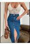 Midi Length Blue Skirt with Slit Front Skirt