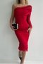 Lined Tulle Fabric Single Sleeve Detail Slim Fit Narrow Cut Midi Length Red Evening Dress 109 - 4
