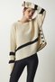 Black Stripe Detailed Oversize Fit Side Button Detailed Round Collar Long Sleeve Cream Sweater 24k1412 - 7