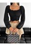 Women's Black Balloon Sleeve Tie-Detail Corset-Look Madonna Neck Scuba Fabric Cropped Blouse