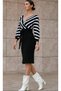 Women's Black-white Line Patterned Double Breasted Collar Midi Length Knitwear Graduation Wedding Wedding Dress - 3