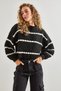 Women's Black and White Striped Balloon Sleeve Honeycomb Knitted Sweater 40991043 - 4