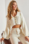 Women's Ecru Polo Collar Buttoned Cardigan 40991039