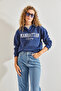 Women's Navy Blue Printed Three Thread Ribbed Sweatshirt 40991026 - 4