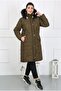 Women's Khaki Long Crinkle Fabric Wool Inside Plus Size Coat - 2