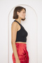 Women's Stretch Fabric Low-cut and Asymmetric Collar Design Black Crop Blouse 6580 - 3