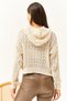 Women's Ecru Hooded Curved Cotton Knit Sweatshirt KZK-19000664 - 5