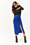Women's Cobalt Blue Slit Drape Detailed Zippered Midi Sandy Skirt ETK-19000229 - 2